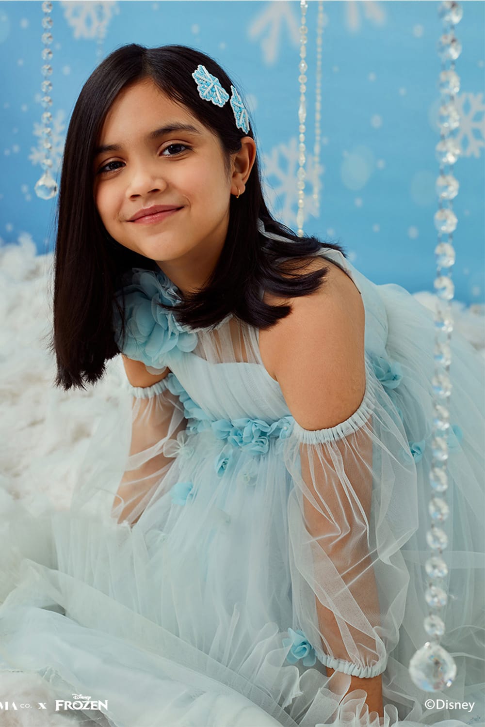  Cinderella birthday dress for girls aged 2–12. Powder blue tulle, lace detailing, pearl hem & cold-shoulder sleeves. Made to order