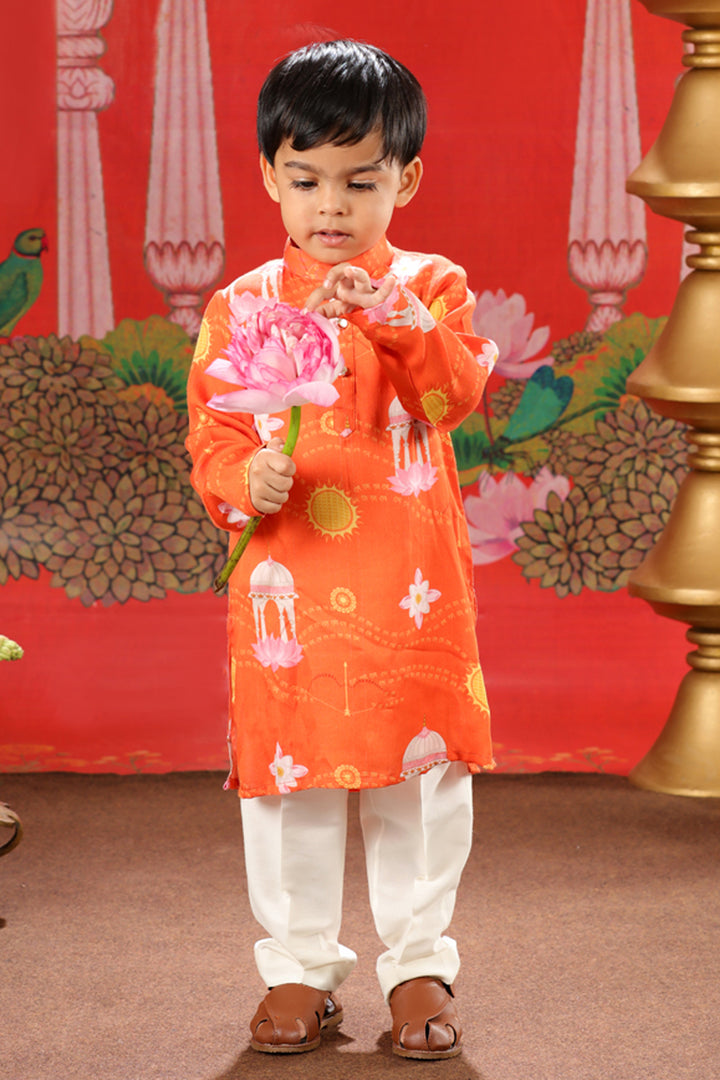 Boys Shri Ram Orange Print Kurta Pajama Set