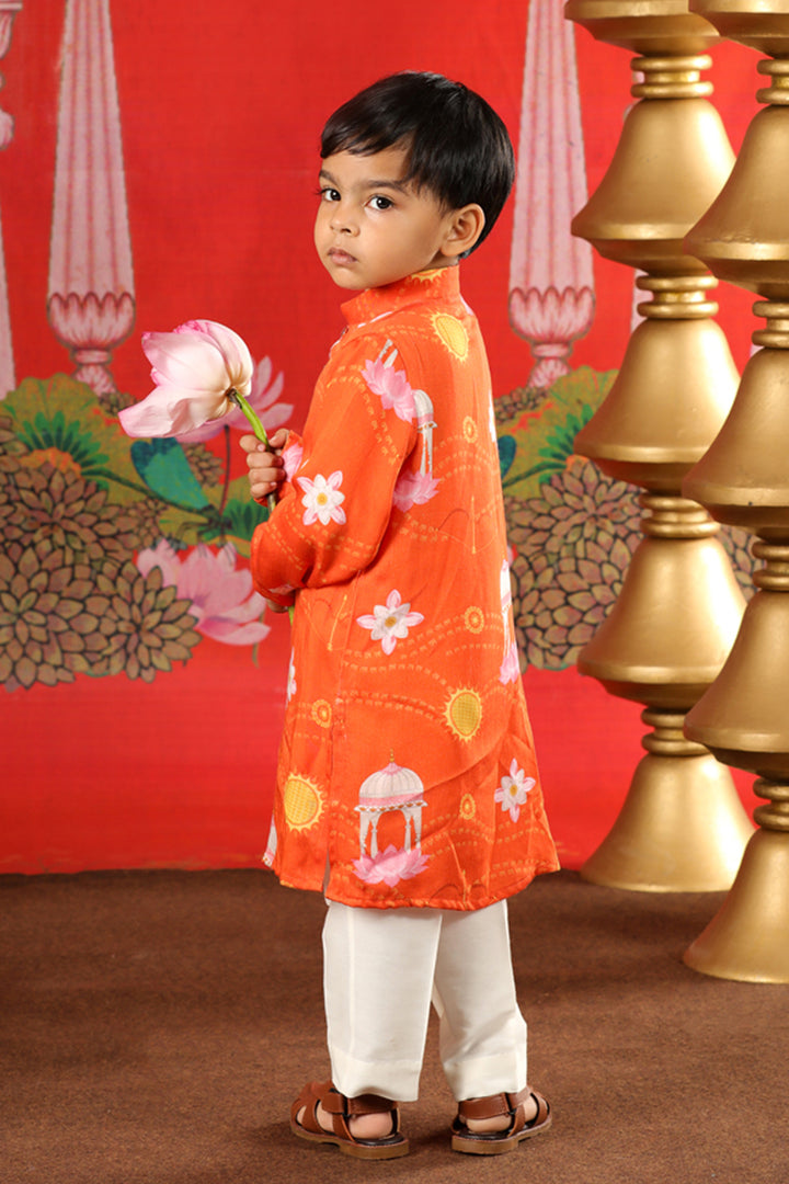 Boys Shri Ram Orange Print Kurta Pajama Set