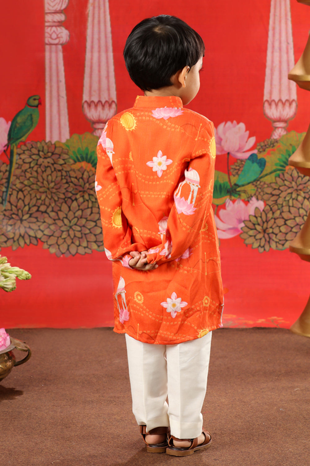 Boys Shri Ram Orange Print Kurta Pajama Set