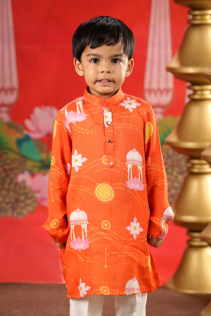 Boys Shri Ram Orange Print Kurta Pajama Set