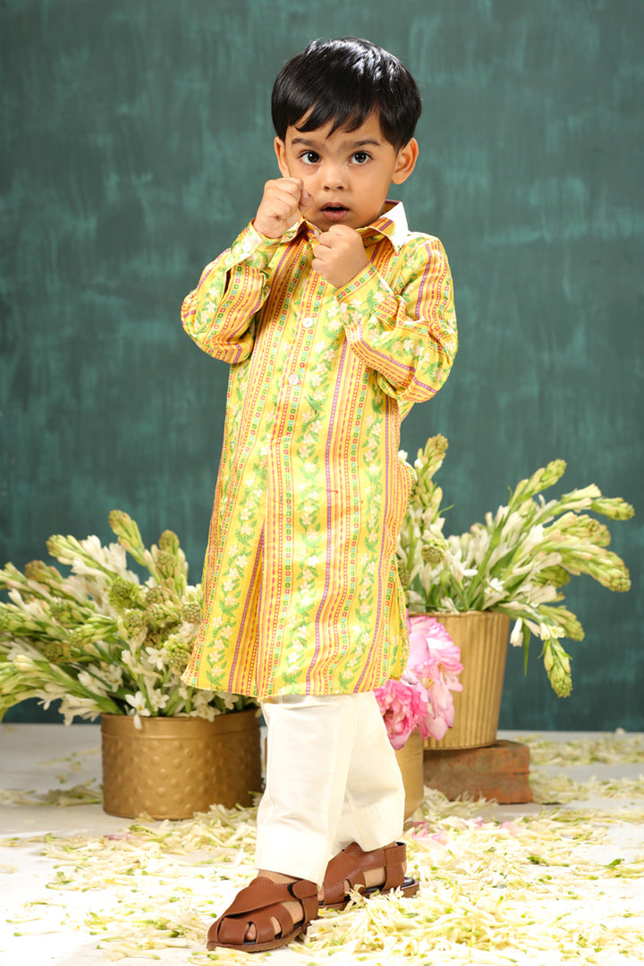 Boys Yellow Stripe Print Pathani Kurta Pajama Set