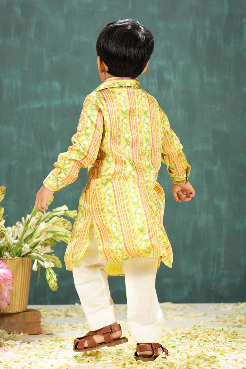 Boys Yellow Stripe Print Pathani Kurta Pajama Set