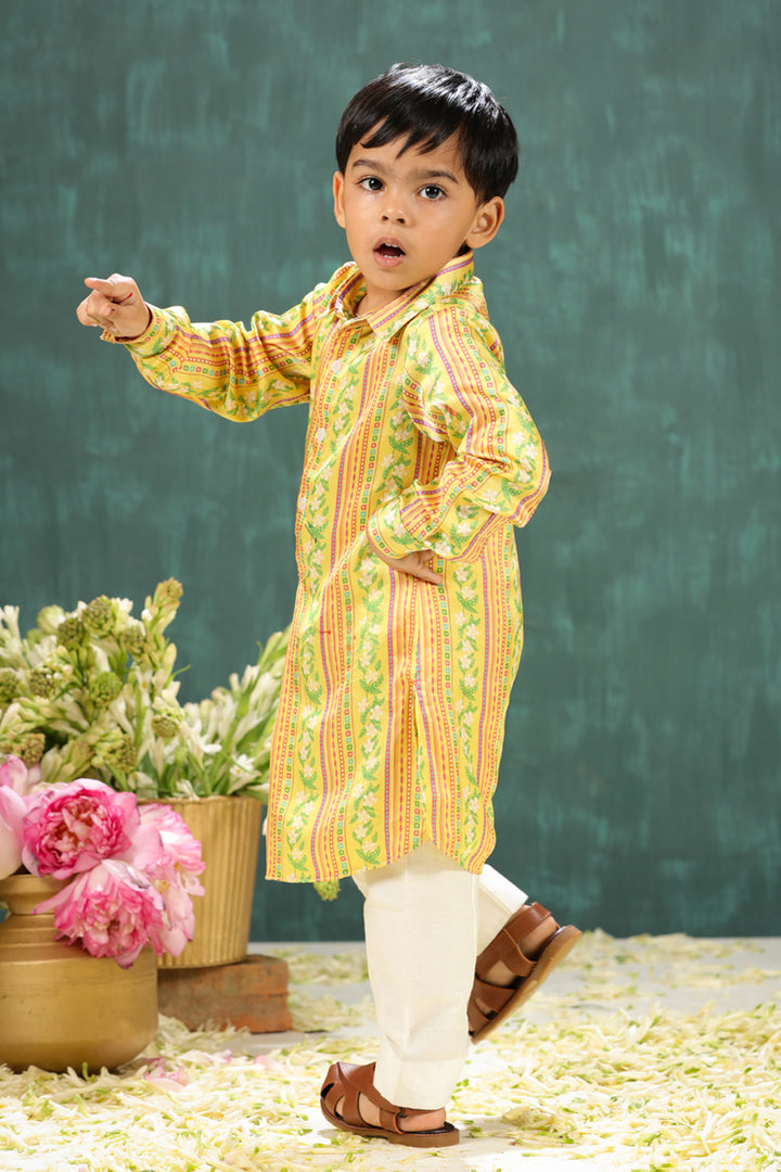 Boys Yellow Stripe Print Pathani Kurta Pajama Set