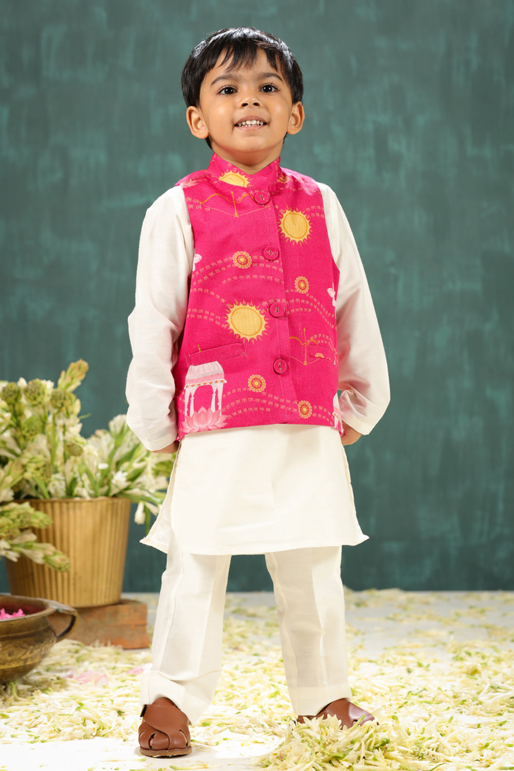 Boys 3 Piece Kurta Pajama Set With Shri Ram Pink Print Waist Coat