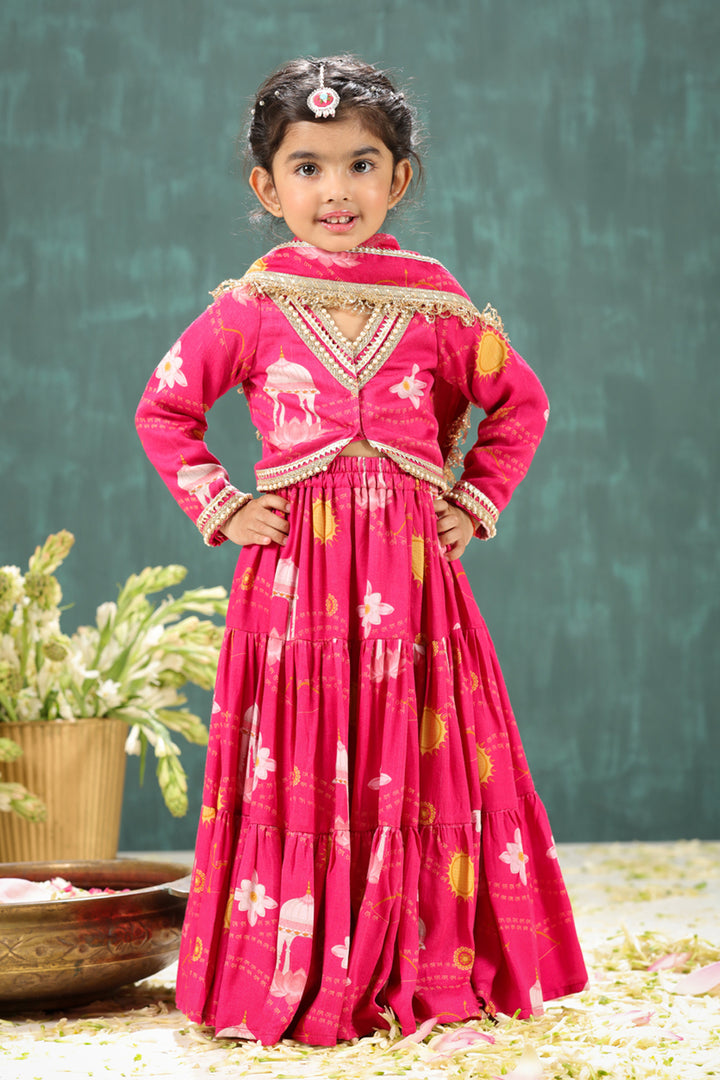 Shri Ram Print Pink Short Blouse and Lehenga Set