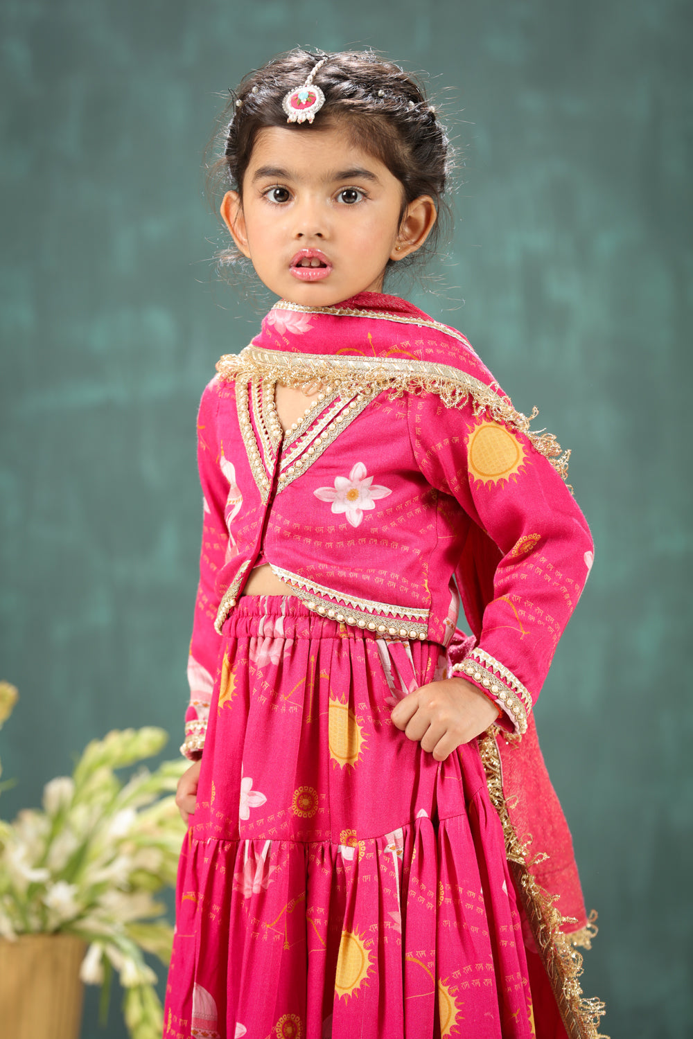 Shri Ram Print Pink Short Blouse and Lehenga Set