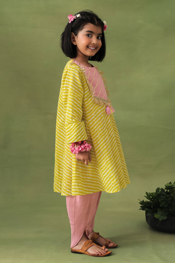 Green Leheriya Kurta & Pink Dhoti Pants 2 Piece Set