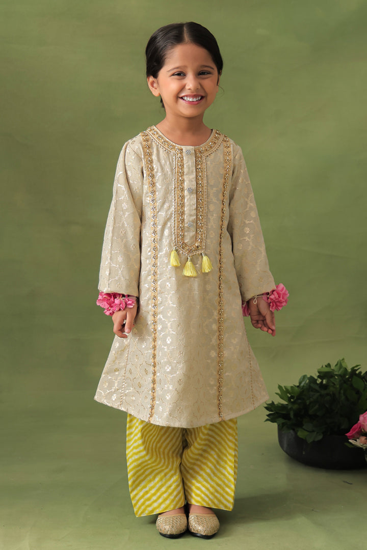 Gold Brocade Kurta With Leheriya Farshi Salwar Set