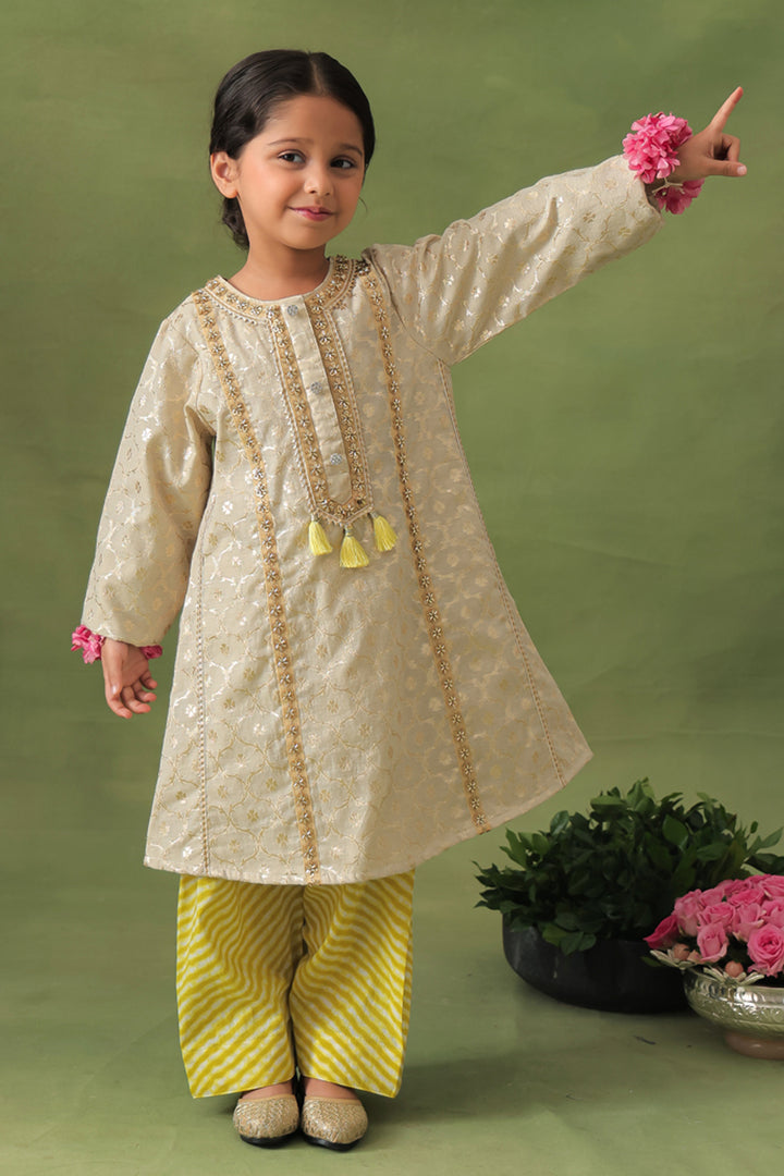 Gold Brocade Kurta With Leheriya Farshi Salwar Set