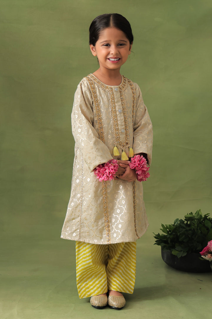 Gold Brocade Kurta With Leheriya Farshi Salwar Set