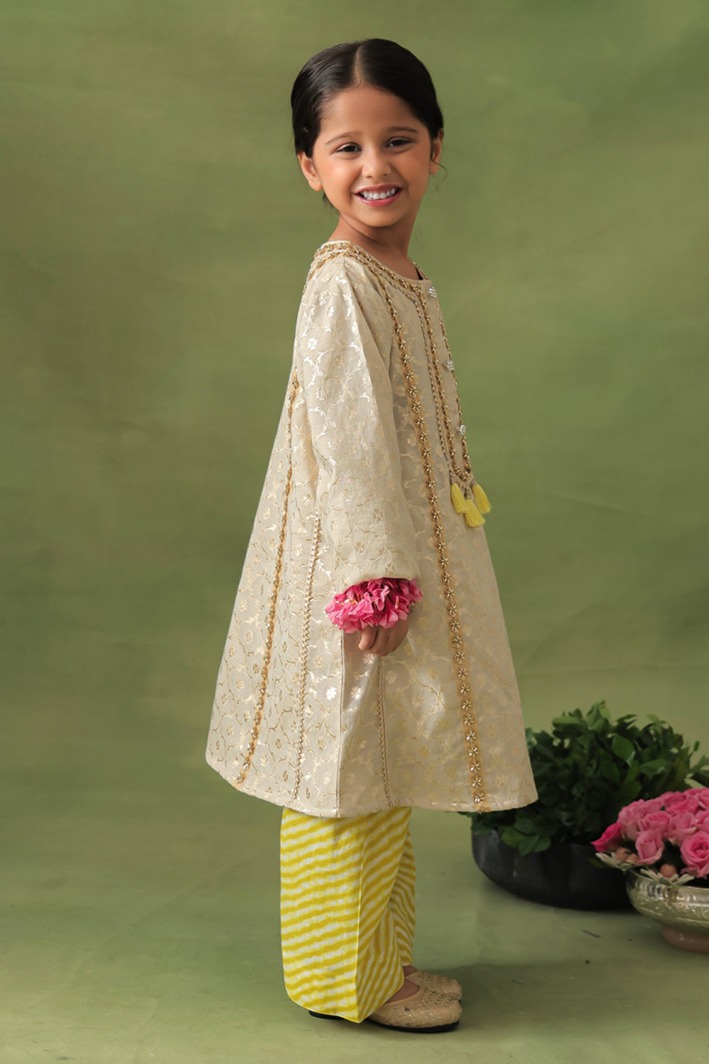 Gold Brocade Kurta With Leheriya Farshi Salwar Set