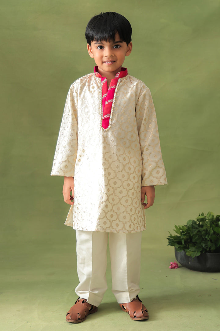 Boys Gold Brocade Kurta With Pant Set