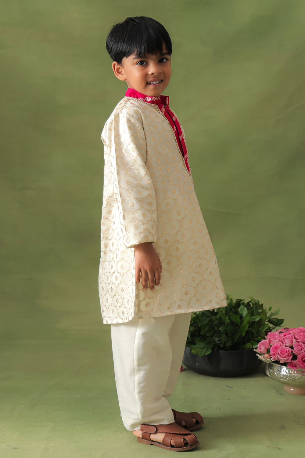 Boys Gold Brocade Kurta With Pant Set