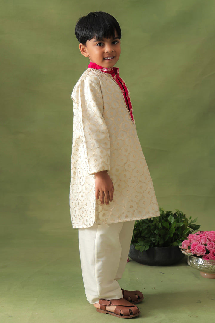 Boys Gold Brocade Kurta With Pant Set