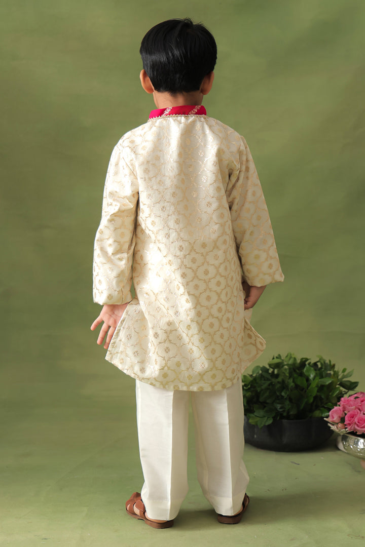 Boys Gold Brocade Kurta With Pant Set