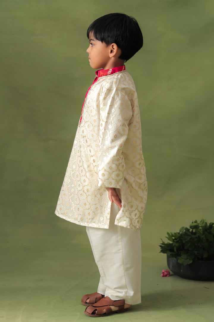 Boys Gold Brocade Kurta With Pant Set