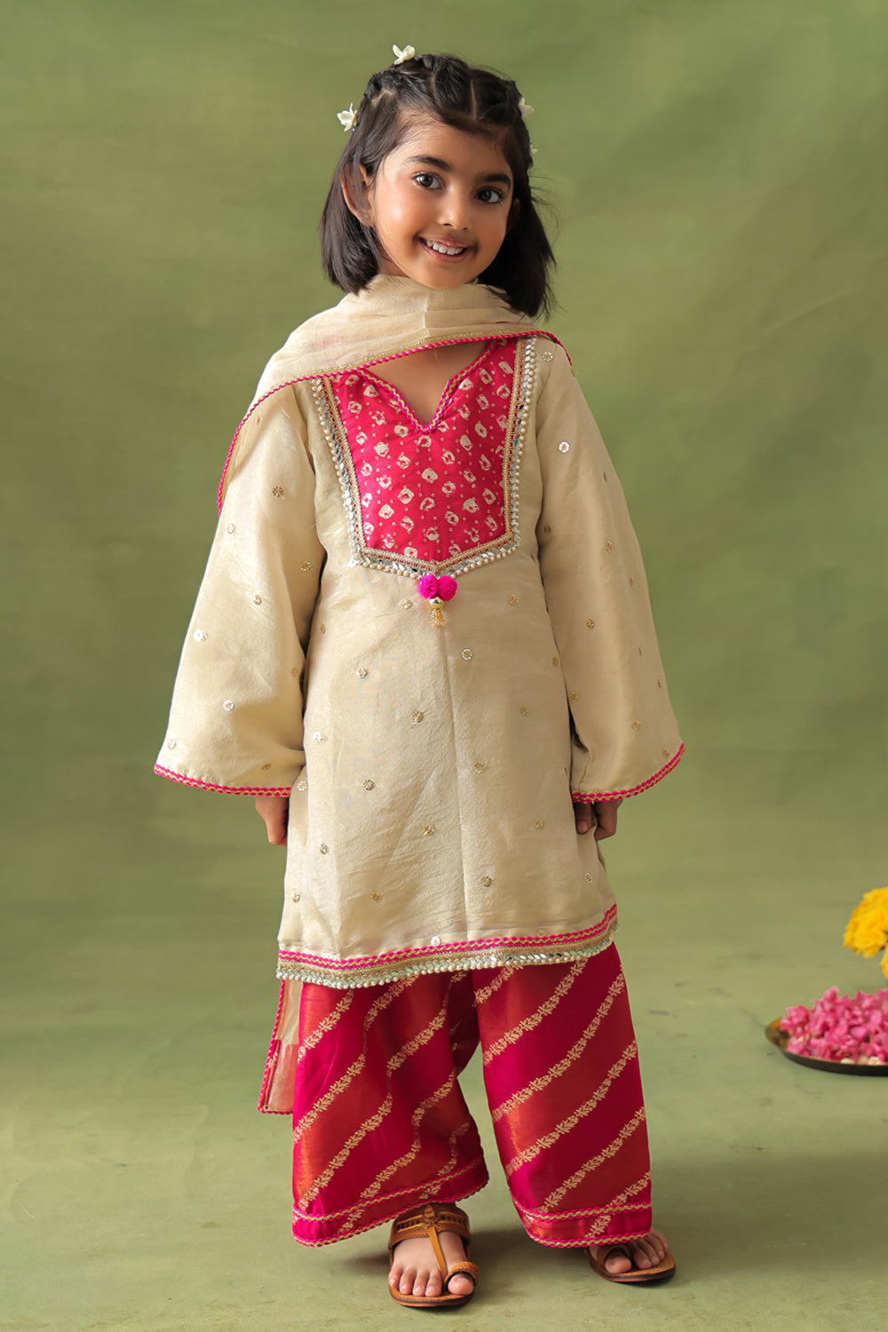 Gold Kurta With Hot Pink Farshi Salwar and Dupatta