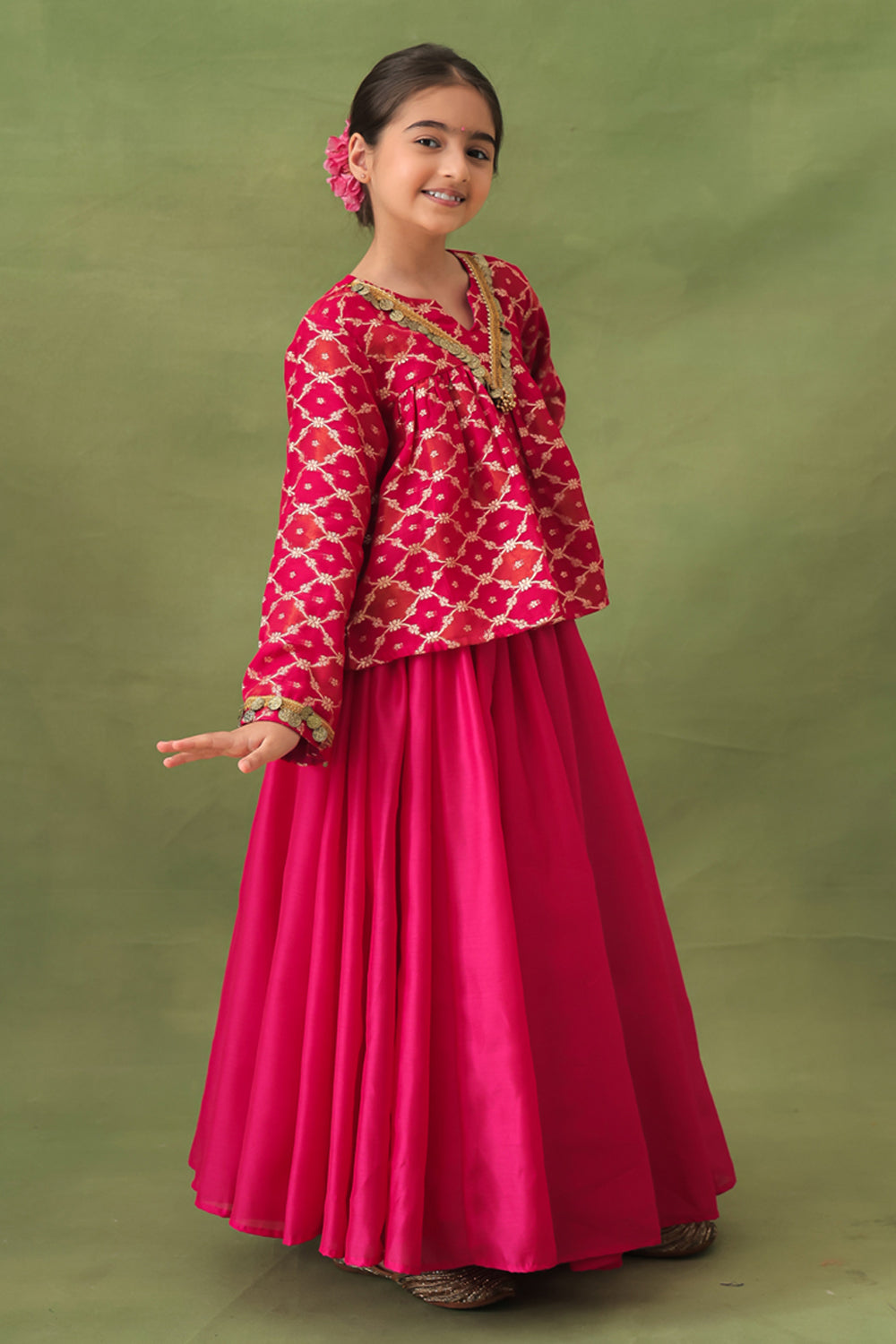 Pink Banarasi Gold Jali Tunic and Chanderi Lehenga Set