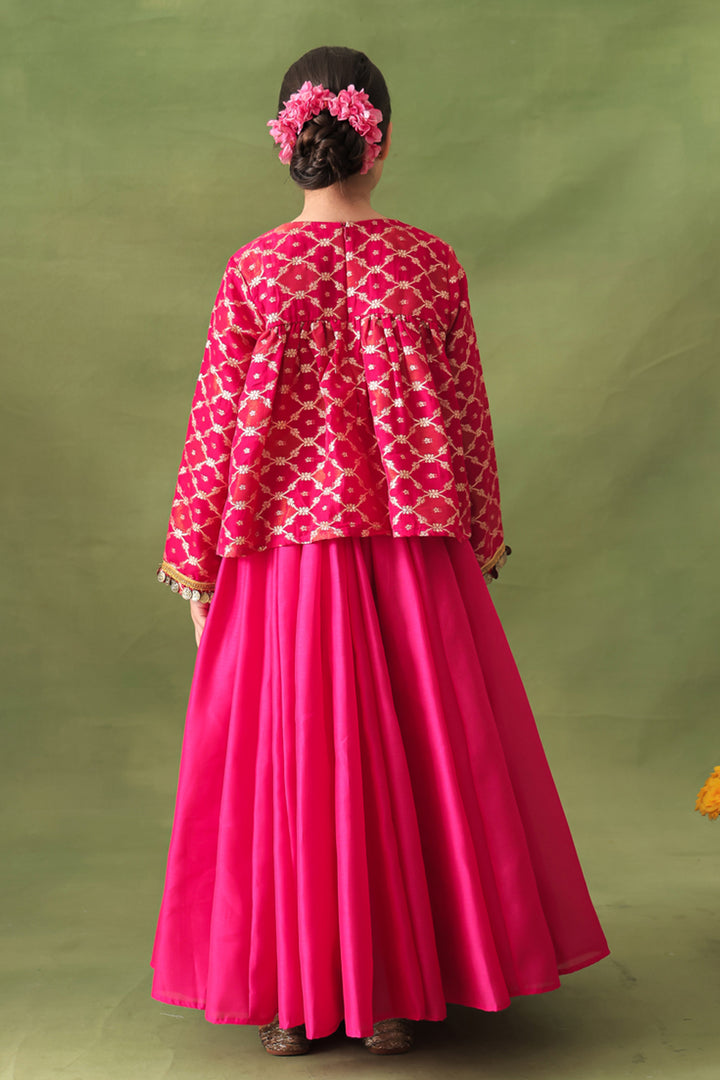 Pink Banarasi Gold Jali Tunic and Chanderi Lehenga Set