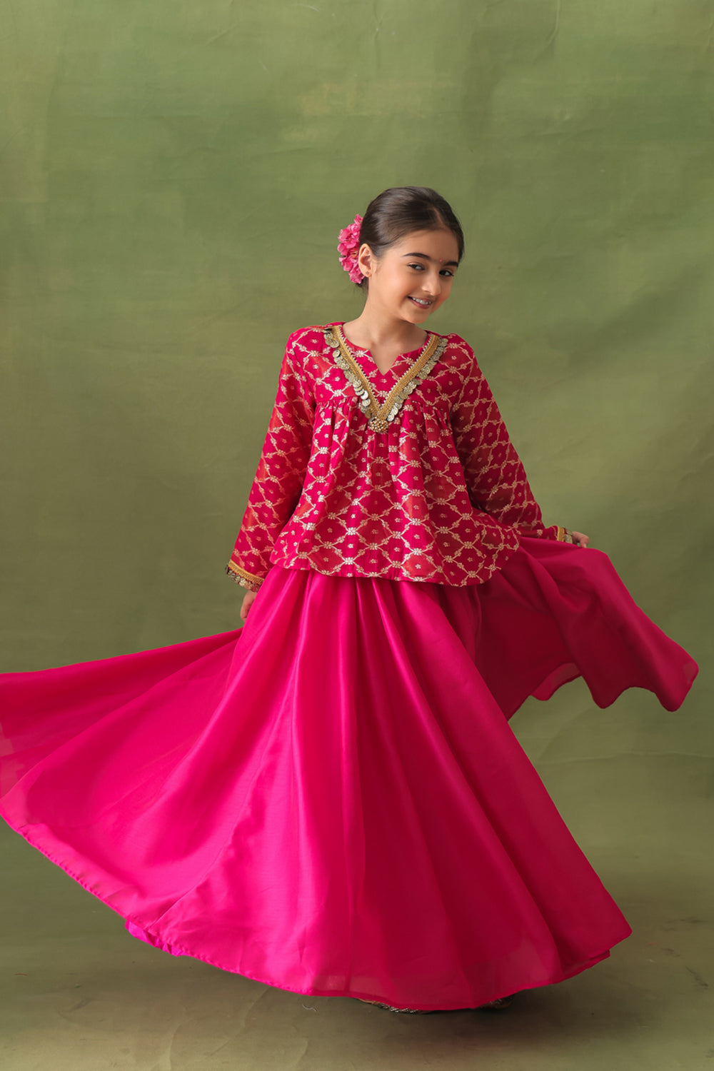 Pink Banarasi Gold Jali Tunic and Chanderi Lehenga Set