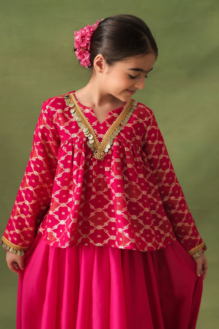 Pink Banarasi Gold Jali Tunic and Chanderi Lehenga Set