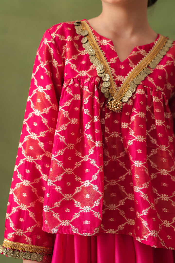 Pink Banarasi Gold Jali Tunic and Chanderi Lehenga Set