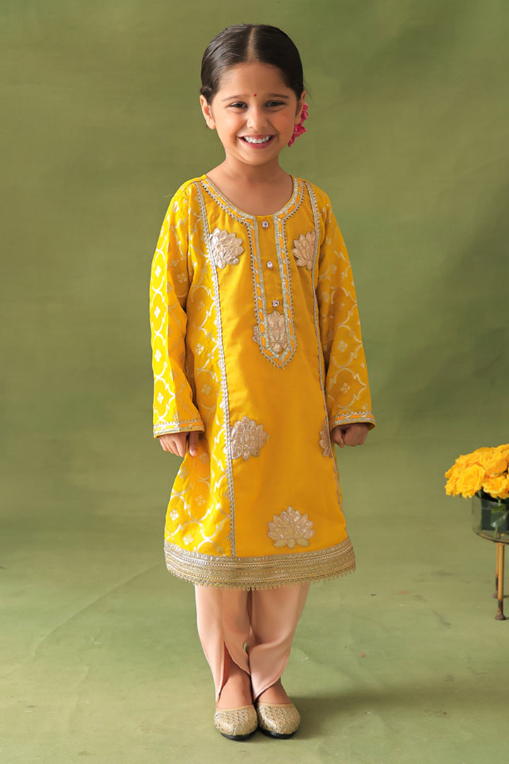 Yellow Lotus Kurta and Pink Dhoti Salwar