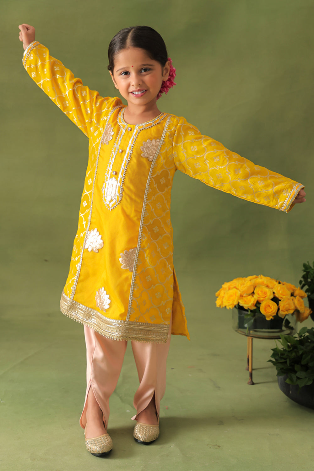 Yellow Lotus Kurta and Pink Dhoti Salwar