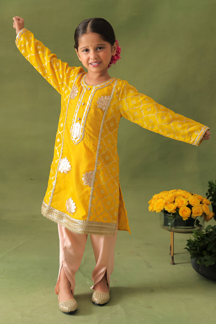 Yellow Lotus Kurta and Pink Dhoti Salwar