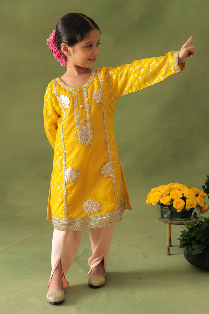 Yellow Lotus Kurta and Pink Dhoti Salwar