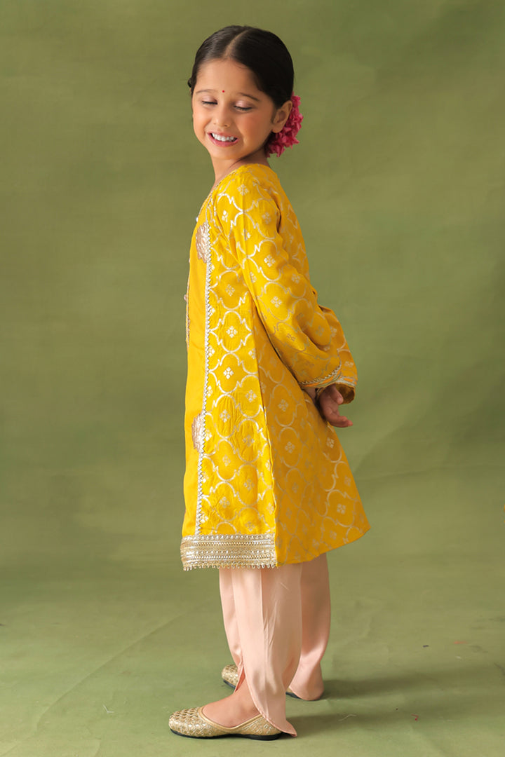 Yellow Lotus Kurta and Pink Dhoti Salwar