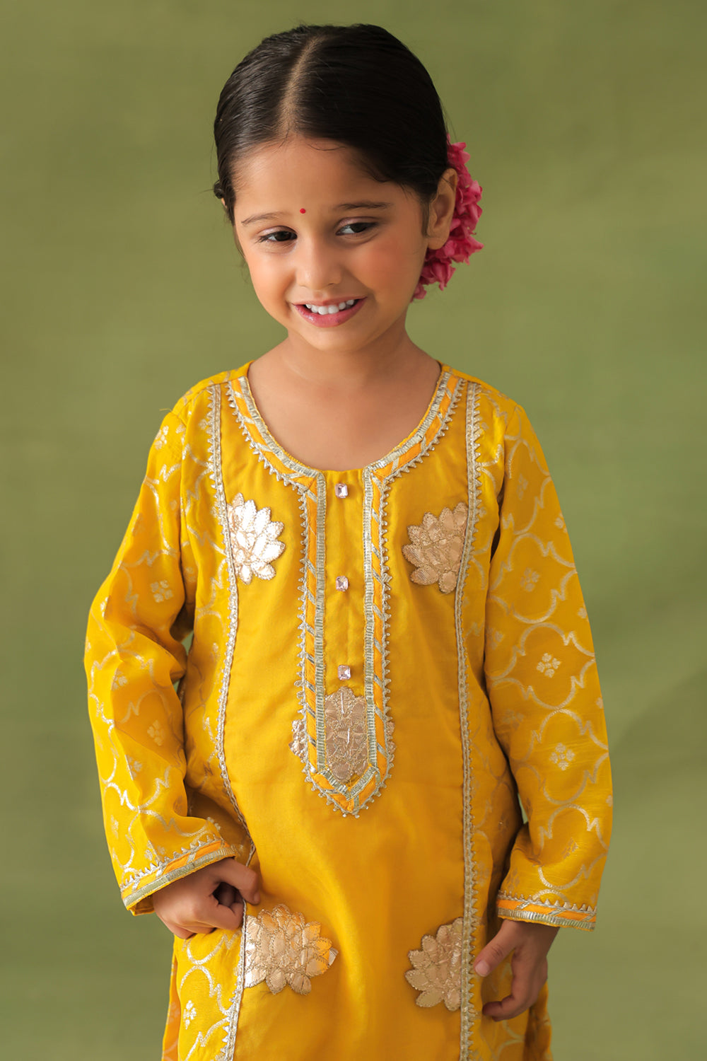 Yellow Lotus Kurta and Pink Dhoti Salwar