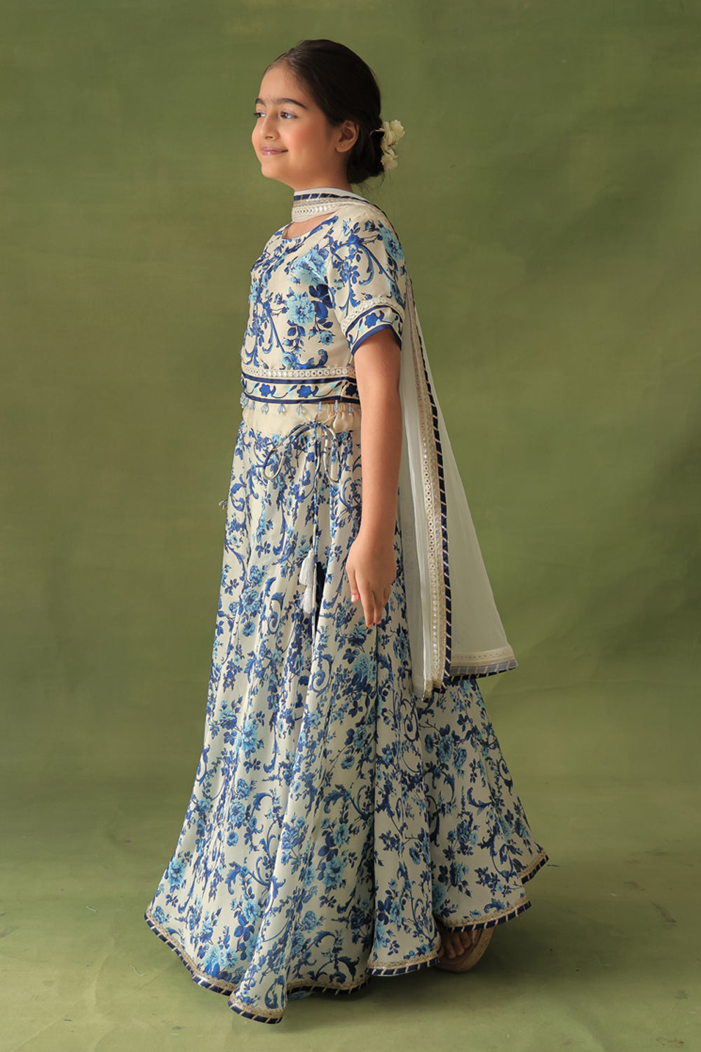 Morrocan Print Short Blouse & Lehenga 3-Piece Set