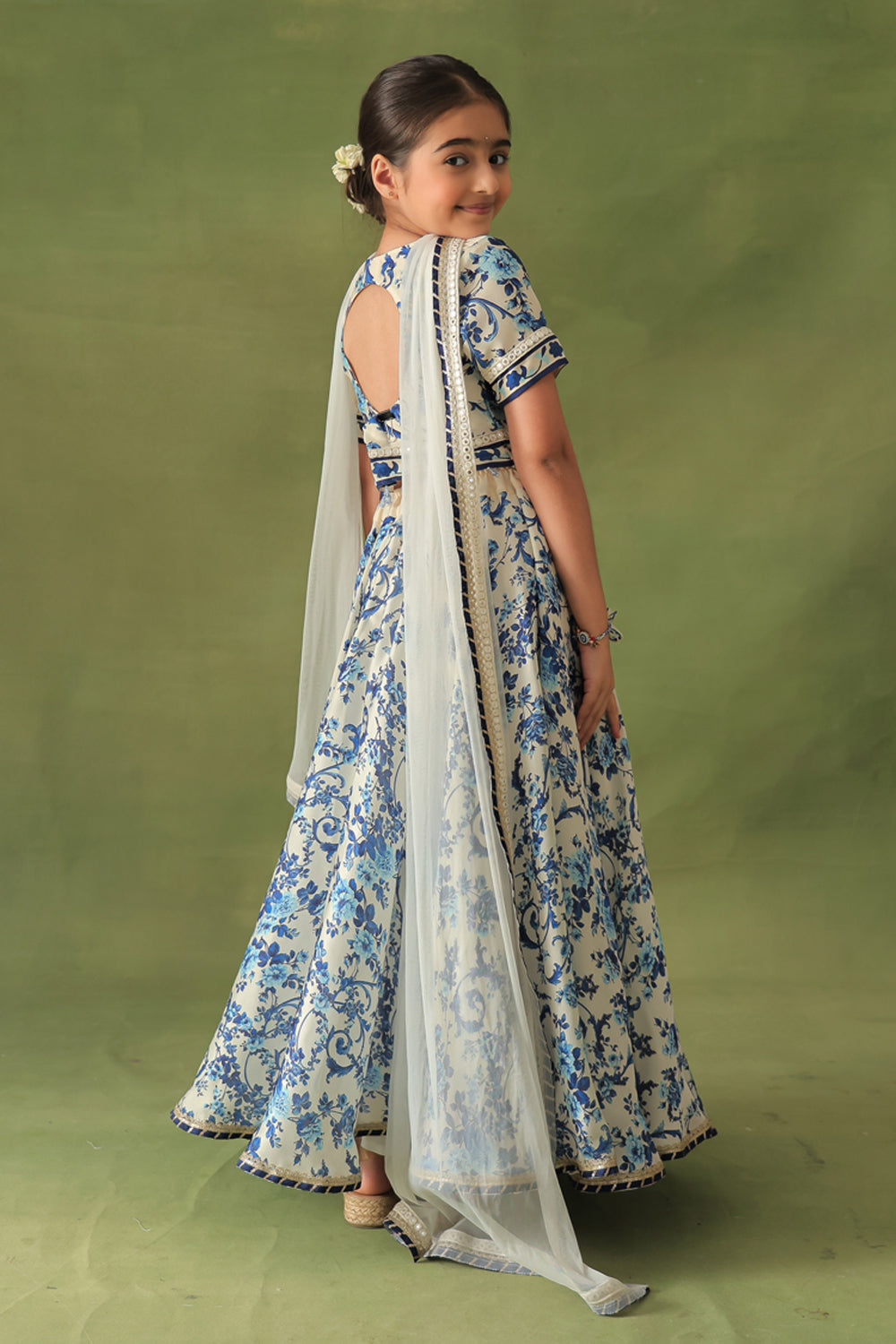 Morrocan Print Short Blouse & Lehenga 3-Piece Set