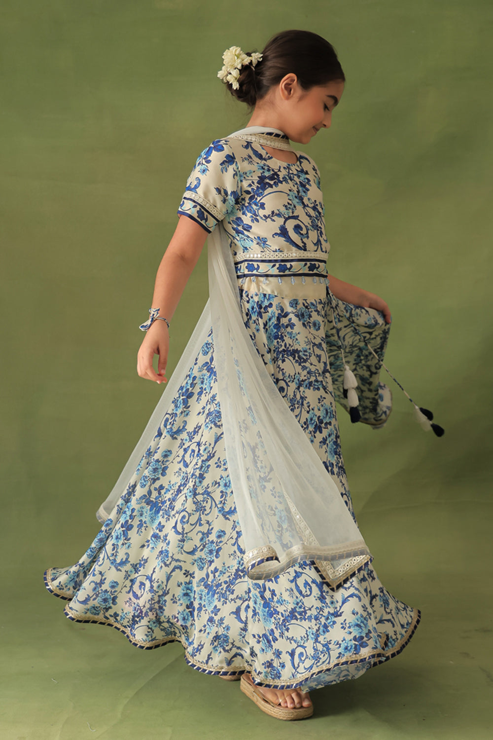 Morrocan Print Short Blouse & Lehenga 3-Piece Set