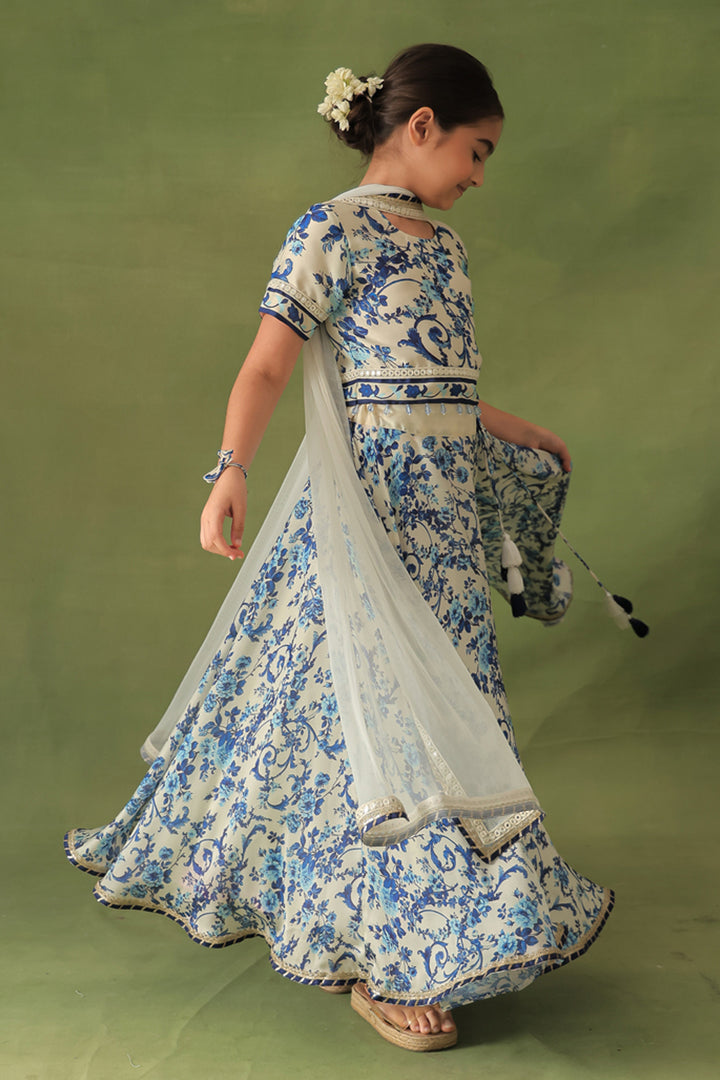 Morrocan Print Short Blouse & Lehenga 3-Piece Set