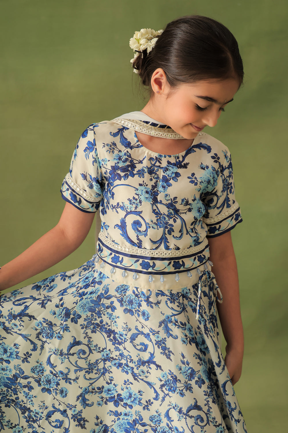 Morrocan Print Short Blouse & Lehenga 3-Piece Set