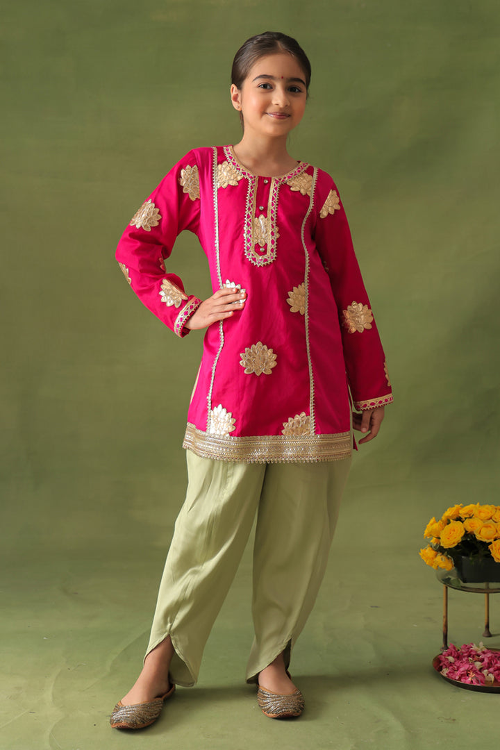 Rani Pink Lotus Kurta & Pista Dhoti Salwar Set
