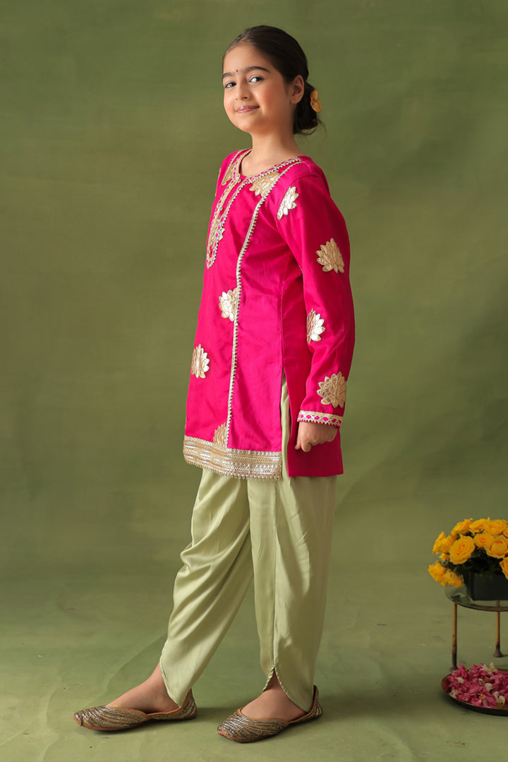 Rani Pink Lotus Kurta & Pista Dhoti Salwar Set