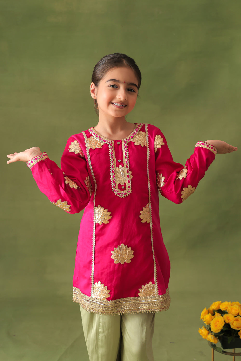 Rani Pink Lotus Kurta & Pista Dhoti Salwar Set