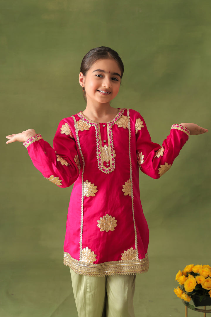 Rani Pink Lotus Kurta & Pista Dhoti Salwar Set