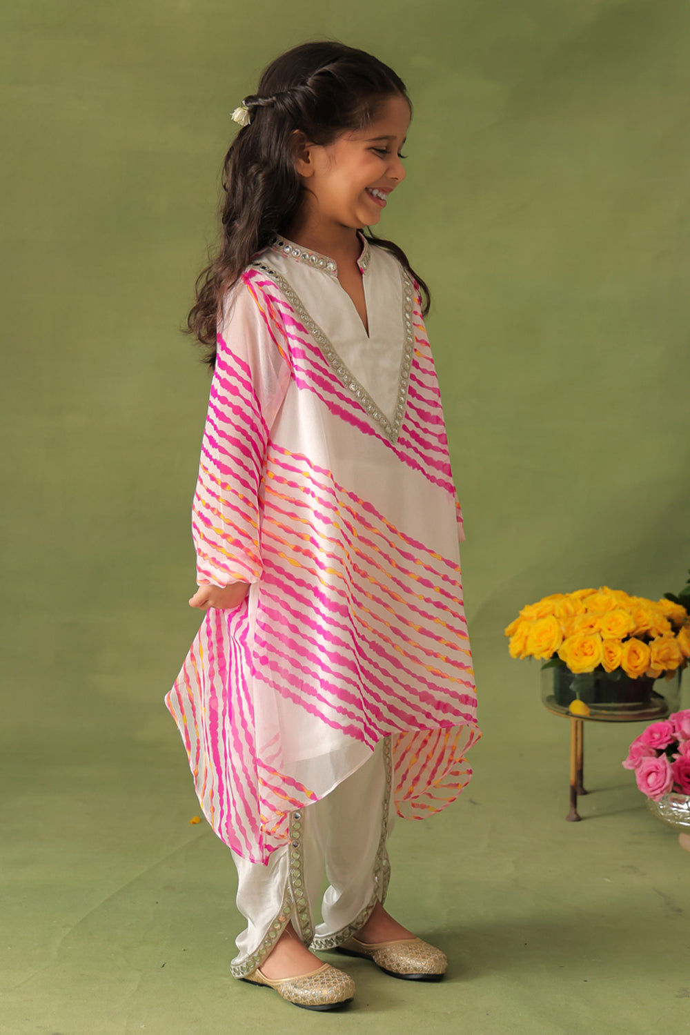 Pink Leheriya Kurta With Dhoti Pant Co-ord Set