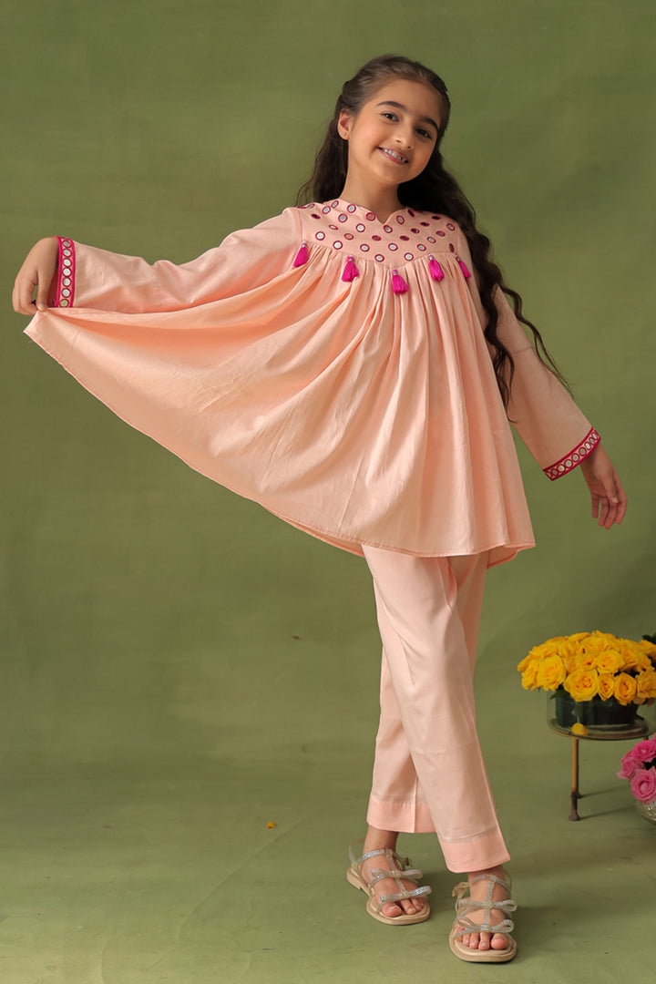 Peach Mirror Work Tunic With Straight Pants Co-ord Set