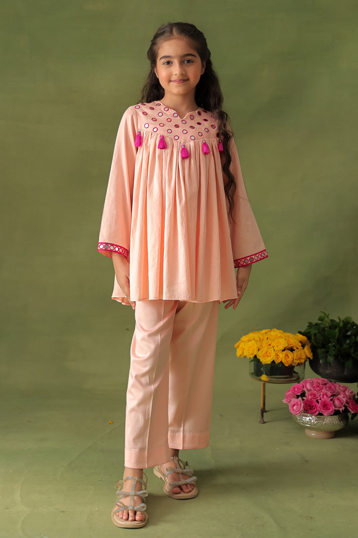 Peach Mirror Work Tunic With Straight Pants Co-ord Set