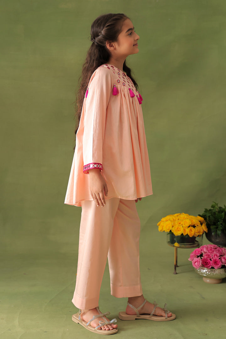 Peach Mirror Work Tunic With Straight Pants Co-ord Set