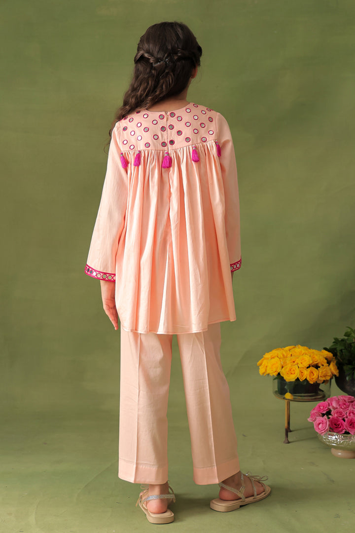 Peach Mirror Work Tunic With Straight Pants Co-ord Set