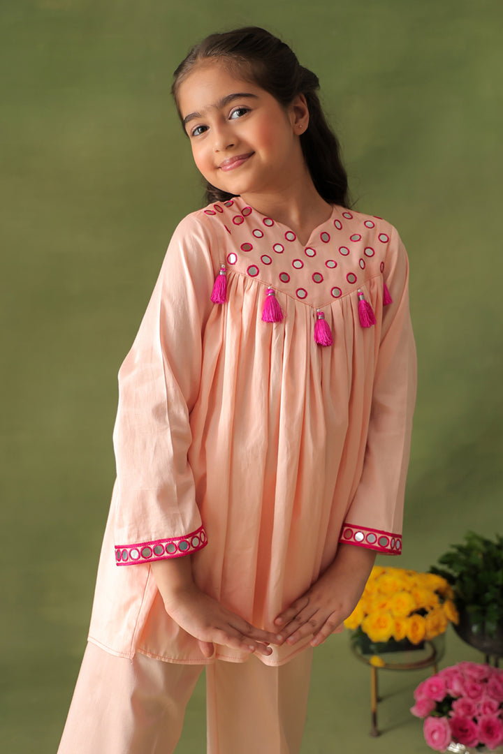 Peach Mirror Work Tunic With Straight Pants Co-ord Set