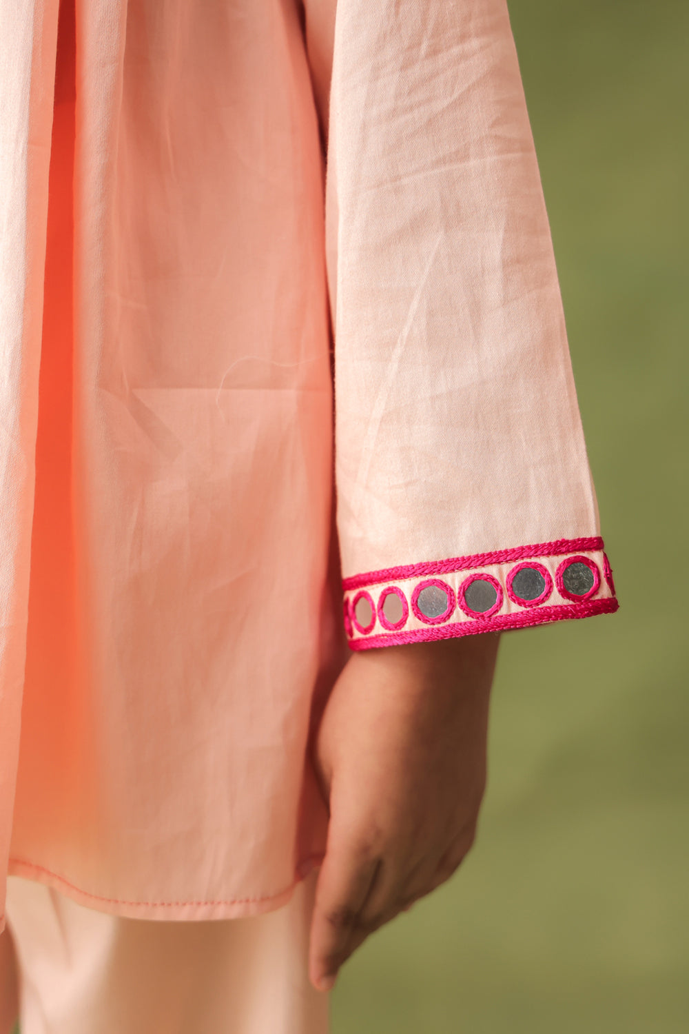 Peach Mirror Work Tunic With Straight Pants Co-ord Set