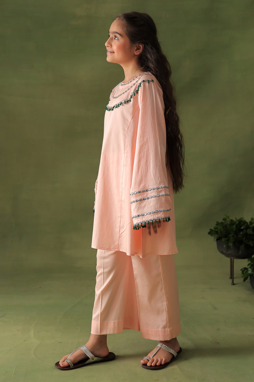 Solid Peach A-line Kurta and Wide Leg Pants Co-ord Set